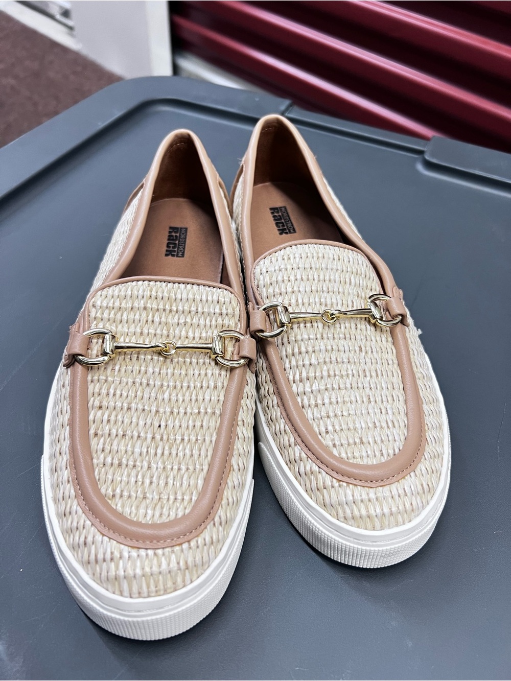 Nordstrom Beige Woven Slip-On Loafers with Gold Bit